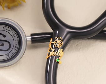 Targhetta identificativa personalizzata con fiore di nascita e pietra per stetoscopio, ciondoli per stetoscopio con accessori per targhetta identificativa, regalo per infermiere, medico, infermiere assistente medico