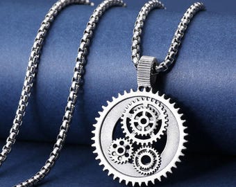 Collar de engranajes steampunk, collar hecho a mano con engranajes, collar mecánico para hombre, joyería steampunk, collar de ingeniero, regalo para esposo y papá.