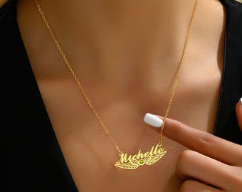 Custom Angle Wing Name Necklace, Birthstone Nameplate Necklace, Heart Name Necklace, Birthday Gift for Her, Mother's Day Gift, Gift for Mom