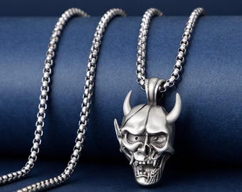Oni Mask Men Charm Necklace, Japanese Hannya Mask Necklace For Best Friend, Demon Necklace For Boyfriend, Handmade Devil Necklace in Goth