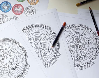 12 Zodiac Signs PACK - Colour In the signs - 12 page PDF