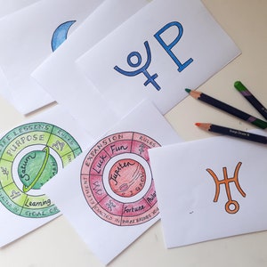 Cartes flash des planètes, coloriages à monter soi-même, PDF imprimable, apprendre l'astrologie, pdf astrologie, étude à domicile, bases de l'astrologie, cartes flash d'astrologie, astro