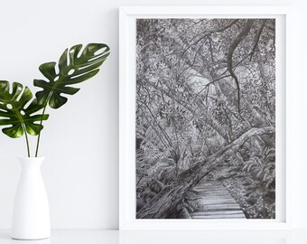 Forest Path Pencil Printable Wall Art - Monochrome Digital Download Art - Download Living Room Art - Botanical Artwork