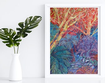 Red Sky Forest Printable Wall Art - Digital Download Art - Download Living Room Art - Botanical Artwork