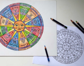 Zodiac Mandala, Study Guide, Color in Mandala, Printable Pdf
