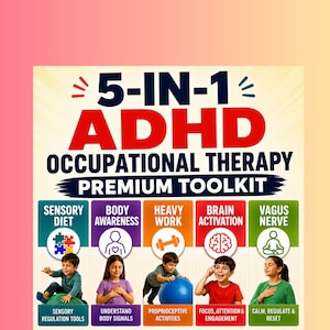 Può includere: Un grafico informativo per un kit premium di terapia occupazionale ADHD 5-in-1. Il testo presenta cinque categorie: dieta sensoriale, consapevolezza corporea, lavoro pesante, attivazione cerebrale e nervo vago, ognuna con un'illustrazione di un bambino.