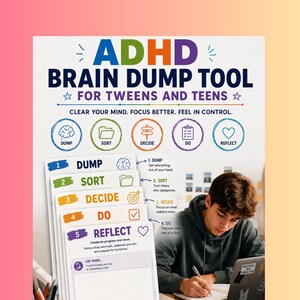 ADHD Brain Dump Tool for Tweens & Teens | Executive Function Printable Ages 9-16 | Homework Planner | Therapy Worksheet | Digital Download