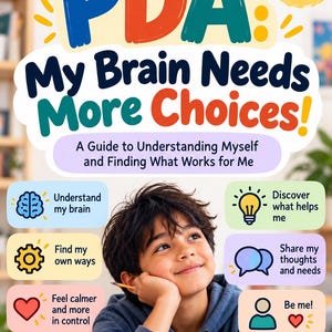 Pode incluir: Uma capa de livro intitulada PDA: My Brain Needs More Choices! A Guide to Understanding Myself and Finding What Works for Me. Mostra uma criança apoiando o queixo na mão, rodeada por ícones para entender o cérebro, encontrar caminhos próprios, sentir-se calma, descobrir ajuda, compartilhar pensamentos e ser si mesma.