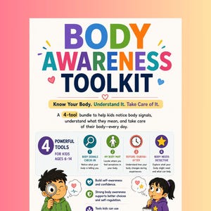 May include: A white educational poster titled BODY AWARENESS TOOLKIT with colorful text and graphics. It features four numbered tools for kids ages 6-14, including a body signals check-in, body map, before-during-after tracker, and body needs detective.