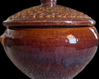 Vintage Stoneware Bean Pot w/ earth tone, glaze finish and lid