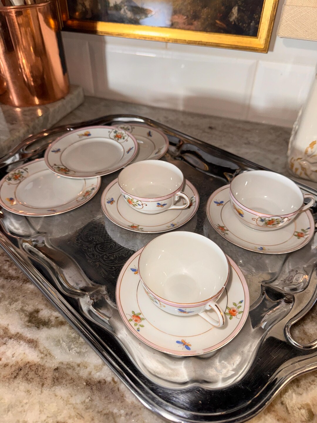 Antique Nippon Rising Sun Teacups & Saucer Set - Hand Painted Floral ...