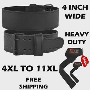 May include: Black weightlifting belt, 10.16 cm wide, with a heavy-duty design. The belt is available in sizes 4XL to 11XL. Also included are black weightlifting straps. The image includes the text "4 INCH WIDE" and "HEAVY DUTY".