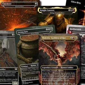 May include: A selection of trading cards with fantasy artwork and text. The cards display characters and items from a game, with titles such as "Hand of Malenia," "Claymore," and "Godrick Knight." The cards have a black border and various colour schemes.