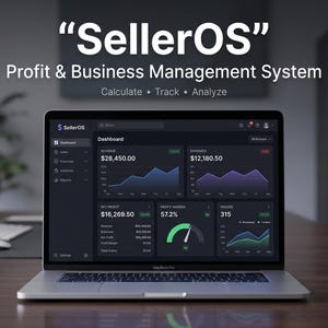 May include: A laptop displaying the SellerOS Profit & Business Management System dashboard with financial data, including revenue, expenses, net profit, and profit margin charts. The screen shows the text SellerOS, Profit & Business Management System, Calculate, Track, Analyze.