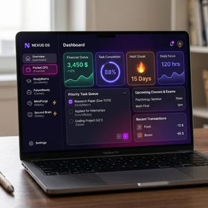 Könnte beinhalten: Ein Laptop mit der Nexus OS Dashboard-Oberfläche im Dark Mode, ausgestattet mit farbigen Widgets für Finanzstatus, Aufgabenabschluss, Gewohnheiten, Lernfokus, eine Prioritätenliste und anstehende Kurse auf einem dunkelvioletten Hintergrund.