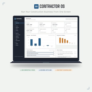 May include: A laptop screen displaying the Contractor OS dashboard interface, featuring financial metrics, project progress bars, and activity logs. The software includes sections for revenue, expenses, and client management, with text labels like No Monthly Fees, Works Offline, and Instant Download.