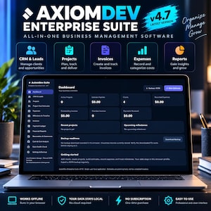 Può includere: Un computer portatile che mostra la dashboard di AxiomDev Enterprise Suite, un software di gestione aziendale tutto in uno. Lo schermo presenta moduli per CRM, progetti, fatture, spese e report con un'interfaccia scura.