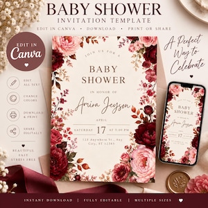 Könnte beinhalten: Eine Babyparty-Einladungsvorlage mit cremefarbenem Hintergrund und dunkelroten sowie rosafarbenen Blumenrändern. Der Text lautet: JOIN US FOR A BABY SHOWER IN HONOR OF Amira Jeyson APRIL SATURDAY 17 AT 5:00 PM 123 Anywhere St., Any City, ST 12345.