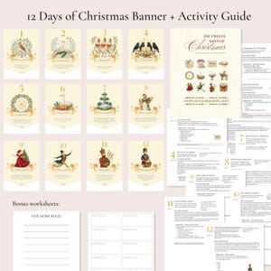 May include: A "12 Days of Christmas" banner and activity guide. The banner displays illustrated cards numbered 1-12, each showing a scene from the carol. Bonus worksheets for family activities are included. The text "Living Love & Spreading Light" is also visible.