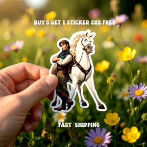 May include: A sticker featuring a cartoon illustration of a man and a white horse. The man has brown hair and is wearing a green vest and brown pants. The horse has a white mane and is wearing a harness. The sticker has the text "BUY 5 GET 1 STICKER 2X2 FREE".