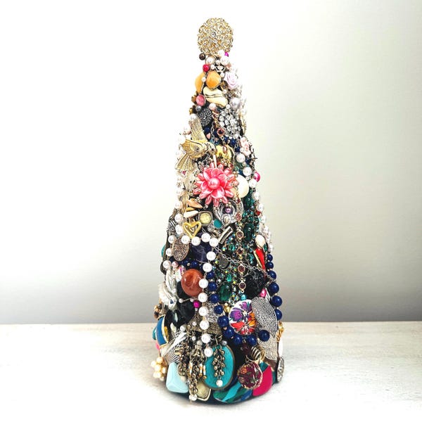 Large Multicolored Jewelry Christmas Tree Art, 13x6 Vintage Jeweled Holiday Centerpiece, OOAK Handcrafted Heirloom