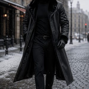 May include: A long black leather trench coat with a thick faux fur collar and lining, worn over a black turtleneck sweater, black trousers with a belt, and black leather gloves. The outfit is completed with dark sunglasses and black dress shoes.