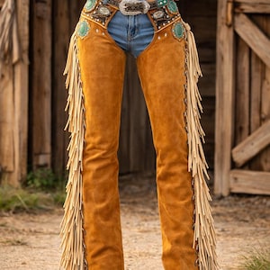 May include: Brown suede chaps with long fringe detail. The chaps feature decorative embellishments around the waist and are worn over blue jeans. The image showcases a western wear style, with a focus on the chaps' texture and design.