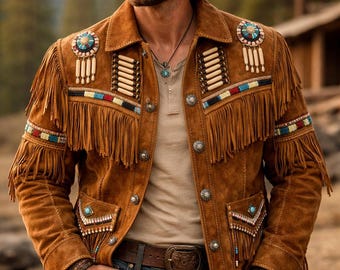 Men's Tan Brown Suede Leather Western Jacket with Fringe & Beads - Handmade Native Jacket in Vintage Style