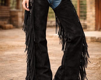 Handgefertigte schwarze Wildleder Cowgirl Chaps | Western Fransen Rodeo Hose