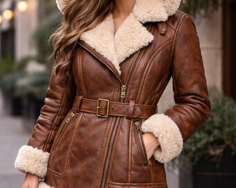 Handmade Women’s Sheepskin Leather Shearling Coat with Plush Fur Hoodie.