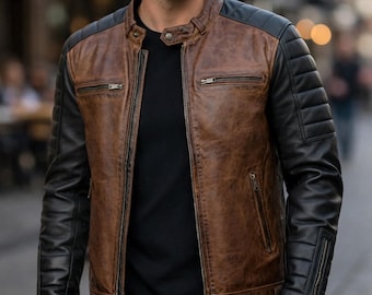 Men's Two-Tone Distressed Leather Biker Jacket – Handmade Brown Black Motorcycle Apparel