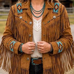 May include: A tan suede jacket featuring long fringe detailing, silver-toned metal buttons, and intricate beadwork in turquoise, orange, and white patterns on the shoulders and cuffs. The jacket is worn over a white top with a turquoise beaded necklace.