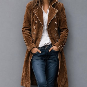 May include: A long brown suede coat featuring a double-breasted front with gold-toned buttons, a wide collar, and structured lapels. The coat is worn over a white button-down shirt and dark blue denim jeans, with hands tucked into the coat pockets.