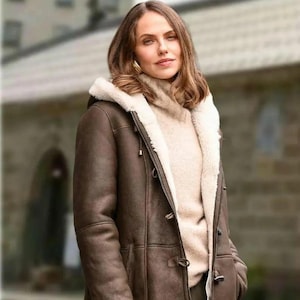 Women's Shearling Duffle Coat with Hood | Classic Brown Lambskin Jacket | Handmade Winter Outerwear