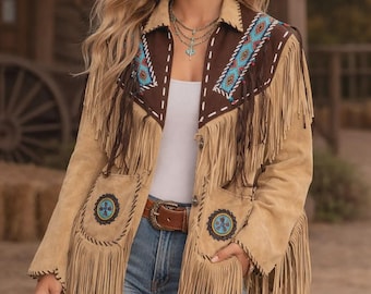 Handmade Suede Fringe Jacket: Boho Western Cowgirl Beaded Coat