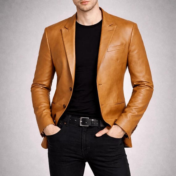 Brown Real Lambskin Mens Leather Blazer - Casual 2 Buttons Leather Jacket for Men