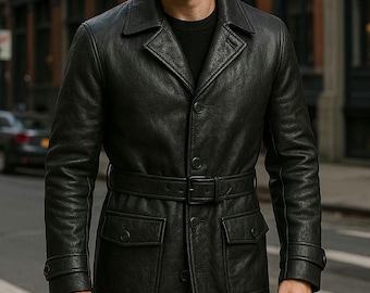 Men's Genuine Leather Trench Coat | Handmade Black Winter Overcoat
