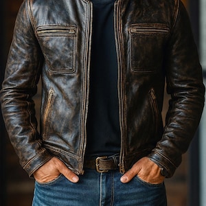 Vintage zwart echt lamsleren herenjack, handgemaakt, verontruste bikerstijl