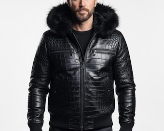 Men's Real Leather Alligator Embossed Bomber Jacket With Fur Hood