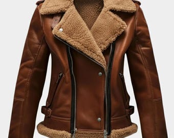 Handmade Sheepskin Shearling Aviator Jacket: Women's Biker Leather Coat