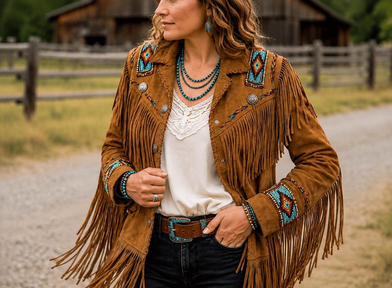 May include: A brown suede jacket featuring long fringe detailing, silver-toned metal buttons, and colorful geometric beadwork on the shoulders and cuffs. The jacket is worn over a white top with a lace neckline and a brown leather belt with a turquoise buckle.