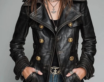 Women’s Genuine Lambskin Leather Jacket Double-Breasted Black Vintage Coat with Gold Buttons