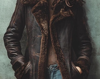 May include: A brown leather coat with faux fur lining and trim. The coat features a classic design with a notched collar, two front pockets, and button closures. The model is wearing a brown sweater and blue jeans.