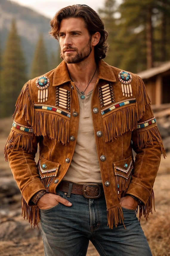 Men's Tan Brown Suede Leather Western Jacket with Fringe & Beads - Handmade Native Jacket in Vintage Style