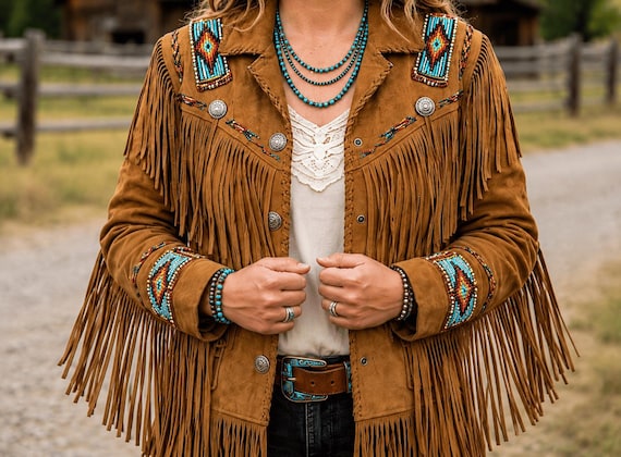 Women Tan Brown Suede Leather Western Jacket with Fringe & Beads - Handmade Native Jacket