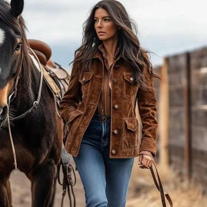 Puede incluir: Chaqueta de ante marrón con cuatro bolsillos delanteros y botones. La chaqueta se combina con una camisa con cuello y vaqueros azules. Un caballo con una silla de montar está en el fondo.