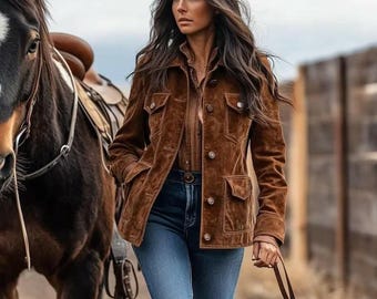 Women’s Brown Real Suede Leather Jacket Handmade Vintage Western Style with Pockets.