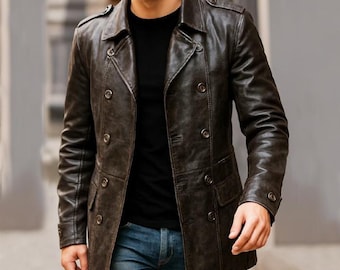 Men’s Vintage Genuine Sheepskin Leather Double-Breasted Short Coat, Brown Leather Trench Jacket