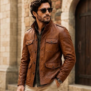 May include: A brown leather field jacket featuring a high collar, four front flap pockets with button closures, and a central button placket. The jacket is worn over a dark green button-down shirt, paired with light-coloured trousers and a wristwatch.