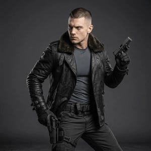 May include: A black leather jacket featuring a dark brown faux fur collar, double-breasted button closure, and buckled cuffs. The jacket is worn over a dark grey t-shirt and dark tactical trousers with a belt, holster, and black gloves.